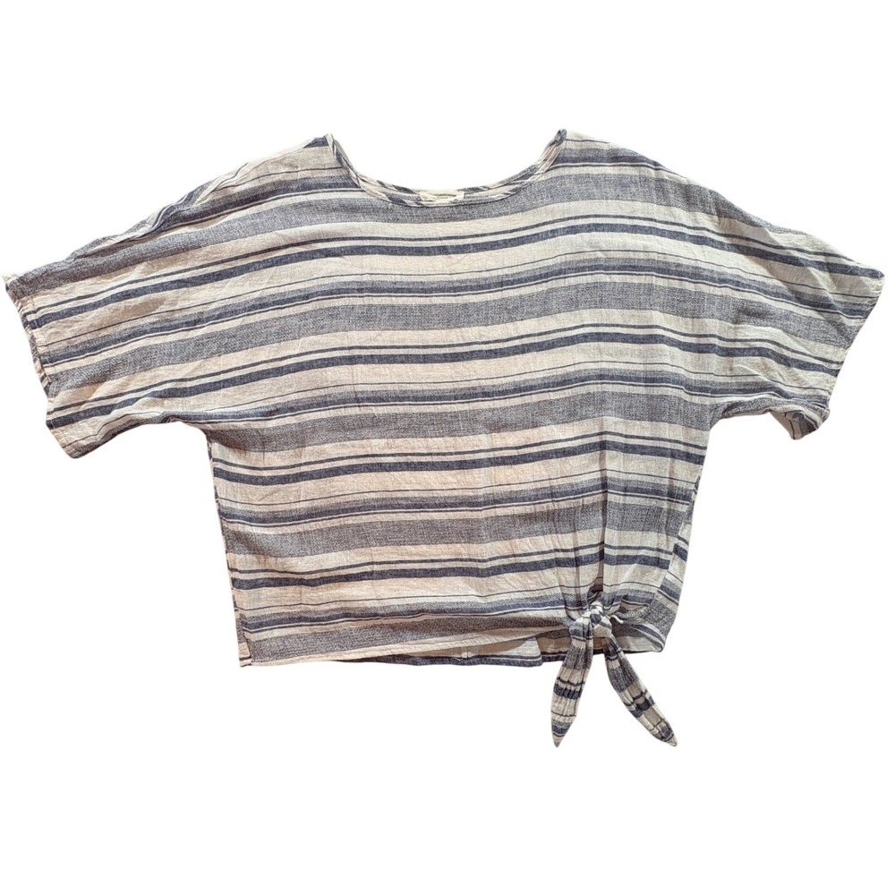 Beachlunchlounge Striped Linen Blend Tie Front Top Womens Small Blue White Shirt